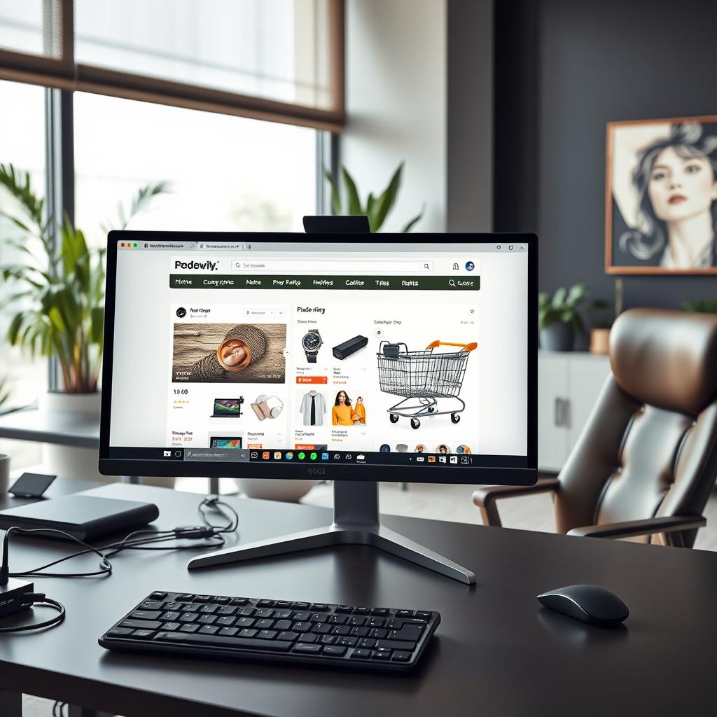 A realistic computer workstation set in a modern office environment