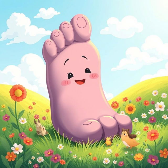 A whimsical and playful illustration of a giant foot emerging from a vibrant, colorful landscape, featuring green grass and blooming flowers