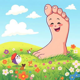 A whimsical and playful illustration of a giant foot emerging from a vibrant, colorful landscape, featuring green grass and blooming flowers