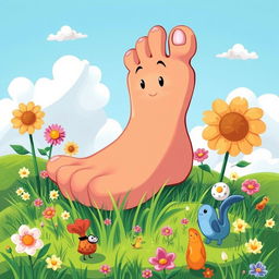 A whimsical and playful illustration of a giant foot emerging from a vibrant, colorful landscape, featuring green grass and blooming flowers