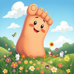 A whimsical and playful illustration of a giant foot emerging from a vibrant, colorful landscape, featuring green grass and blooming flowers