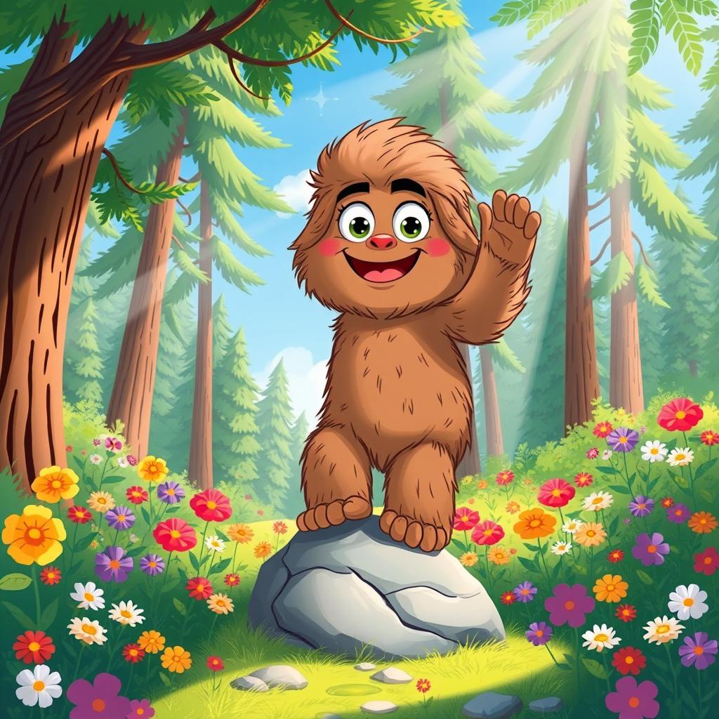 A whimsical and playful illustration of a young Bigfoot, with large fluffy fur, big round eyes, and a cheerful expression
