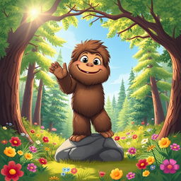 A whimsical and playful illustration of a young Bigfoot, with large fluffy fur, big round eyes, and a cheerful expression