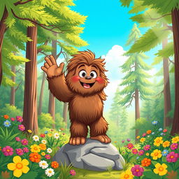 A whimsical and playful illustration of a young Bigfoot, with large fluffy fur, big round eyes, and a cheerful expression