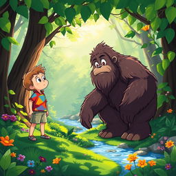 A whimsical scene featuring a young boy encountering a friendly Bigfoot in a lush forest