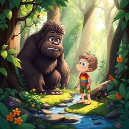 A whimsical scene featuring a young boy encountering a friendly Bigfoot in a lush forest