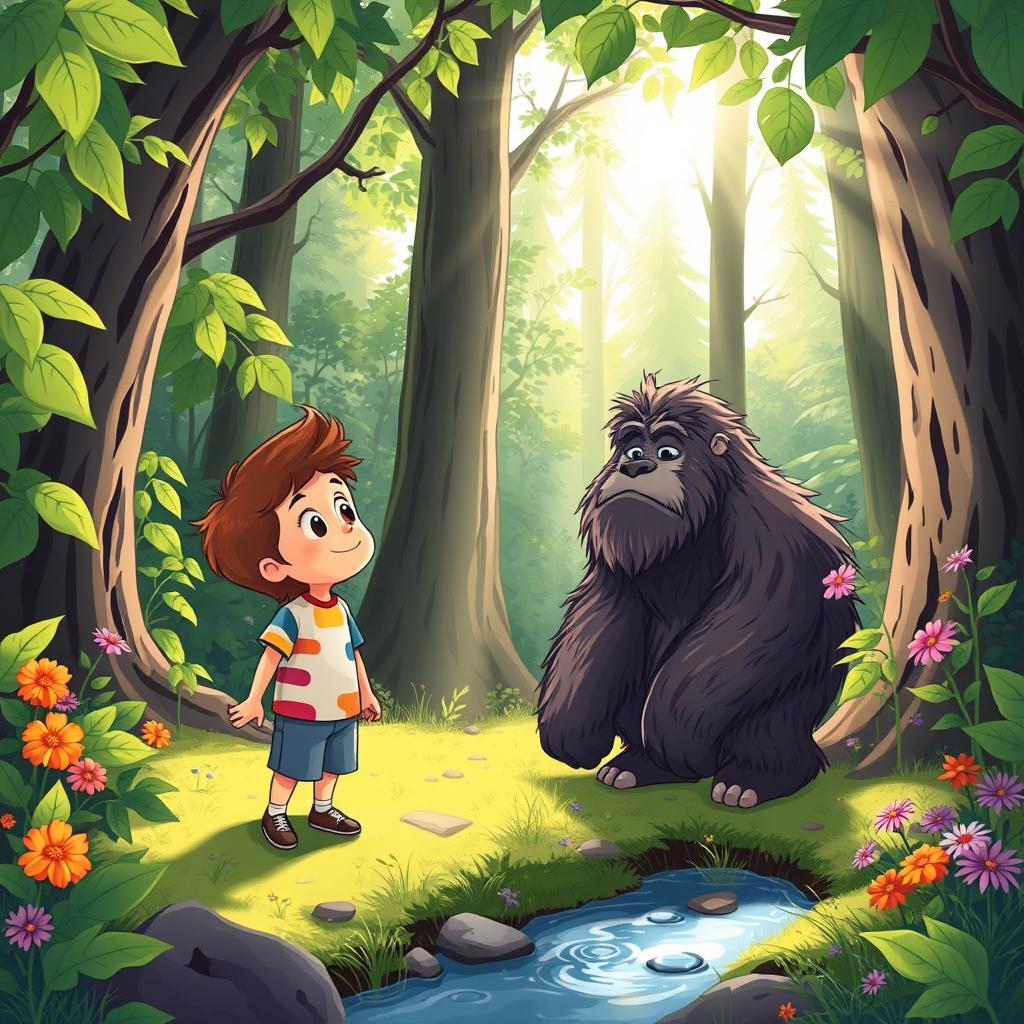 A whimsical scene featuring a young boy encountering a friendly Bigfoot in a lush forest