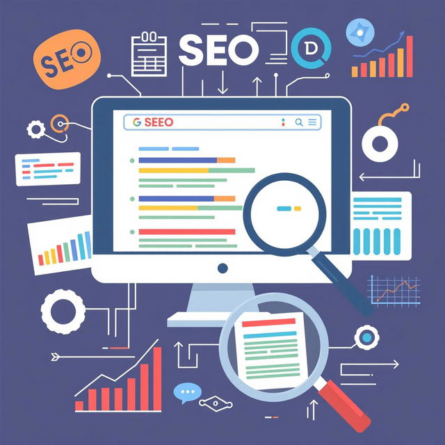 An engaging and informative illustration depicting the concept of SEO (Search Engine Optimization)