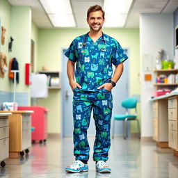 A full-body portrait of a male veterinarian dressed in 9/16 style scrubs, featuring a mix of vibrant, playful animal prints in blue and green tones