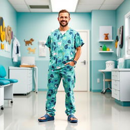 A full-body portrait of a male veterinarian dressed in 9/16 style scrubs, featuring a mix of vibrant, playful animal prints in blue and green tones