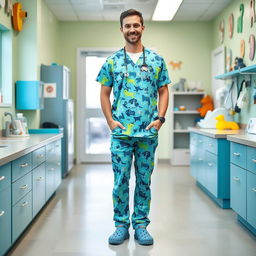 A full-body portrait of a male veterinarian dressed in 9/16 style scrubs, featuring a mix of vibrant, playful animal prints in blue and green tones