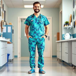 A full-body portrait of a male veterinarian dressed in 9/16 style scrubs, featuring a mix of vibrant, playful animal prints in blue and green tones