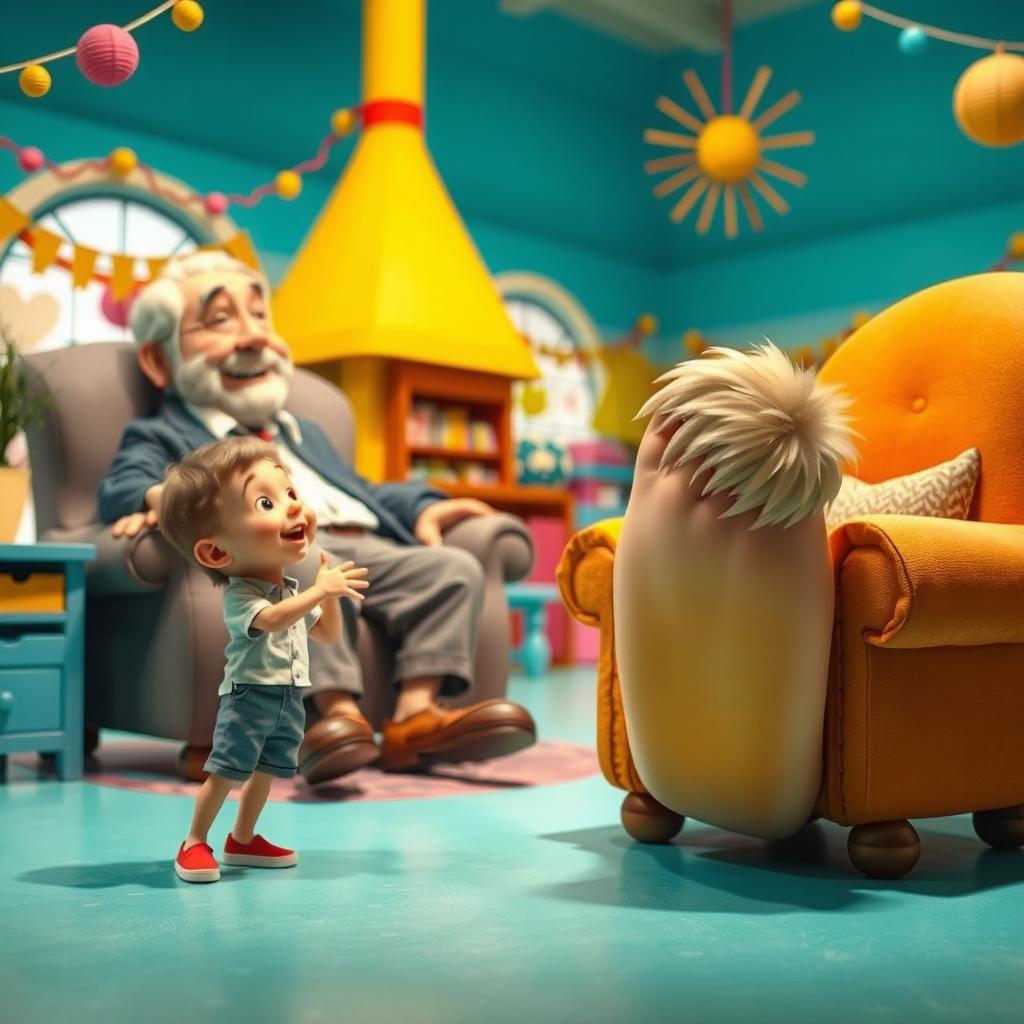 A whimsical scene depicting a small boy playfully talking to an older man