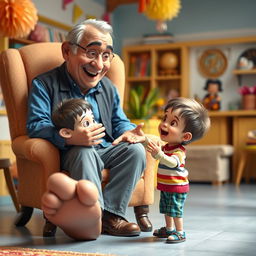 A whimsical scene depicting a small boy playfully talking to an older man