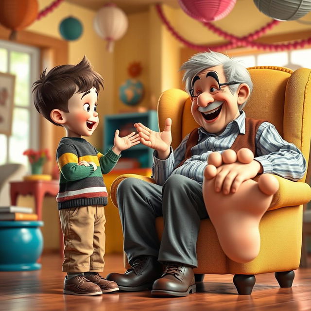 A whimsical scene depicting a small boy playfully talking to an older man