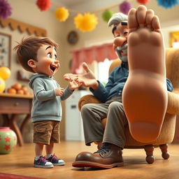 A whimsical scene depicting a small boy playfully talking to an older man