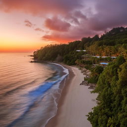 A luxurious beach resort comprised of tranquil villas nestled amongst natural beauty. The ocean's waves gently lap at the sandy shores, perfectly complimented by a setting sun painting the sky with hues of orange and pink.