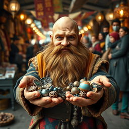 A beardless dwarf trader showcasing his goods in both hands, with a confident and inviting expression while looking directly into the camera