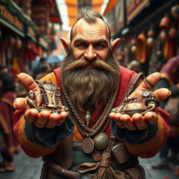A beardless dwarf trader showcasing his goods in both hands, with a confident and inviting expression while looking directly into the camera