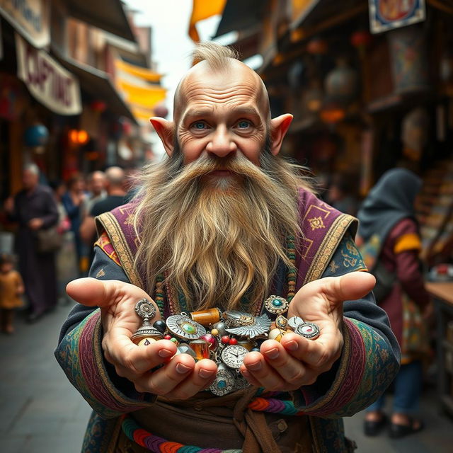 A beardless dwarf trader showcasing his goods in both hands, with a confident and inviting expression while looking directly into the camera