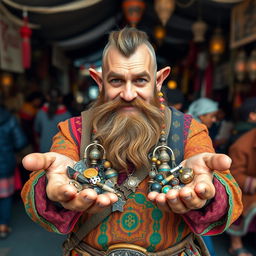 A beardless dwarf trader showcasing his goods in both hands, with a confident and inviting expression while looking directly into the camera