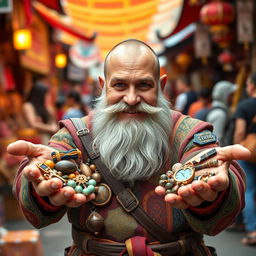 A dwarf trader with a very short beard proudly presenting his goods in both hands, looking directly into the camera with a friendly smile