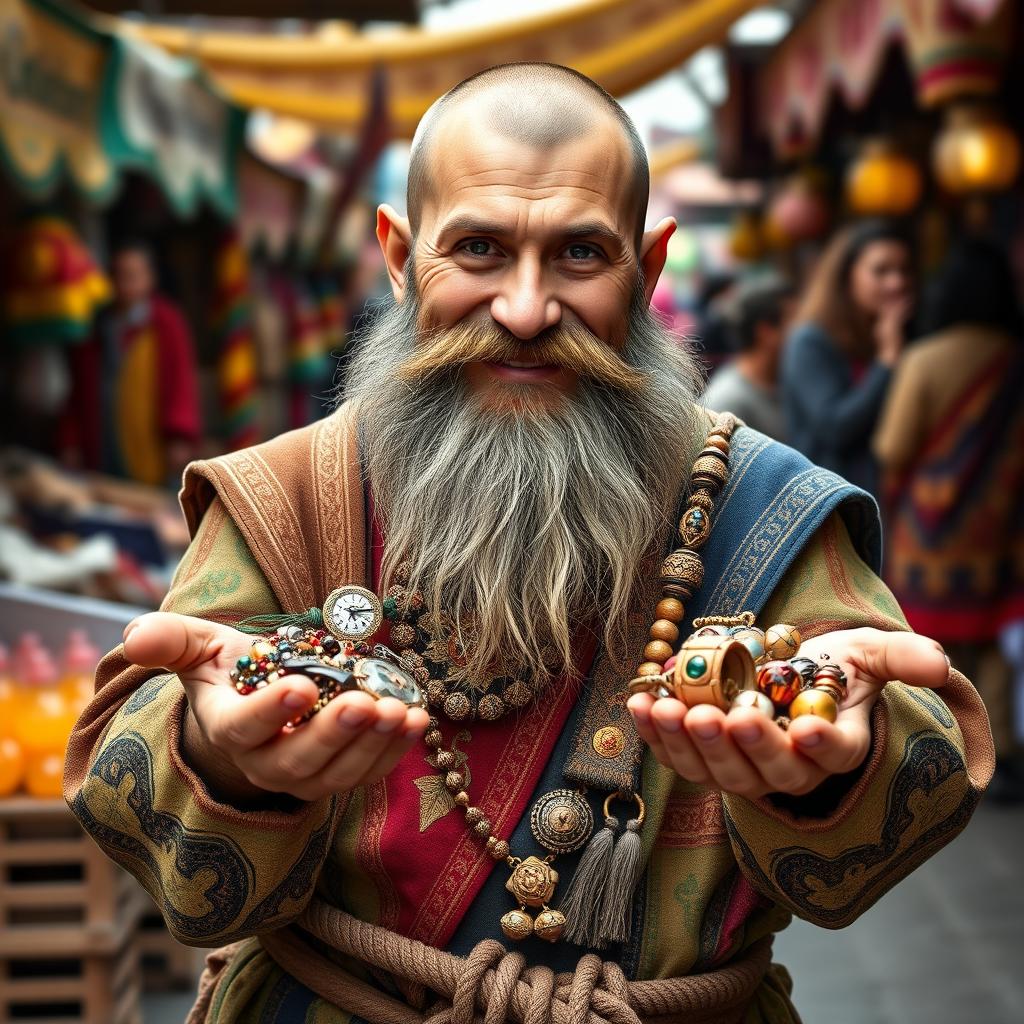 A dwarf trader with a very short beard proudly presenting his goods in both hands, looking directly into the camera with a friendly smile