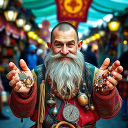 A dwarf trader with a very short beard proudly presenting his goods in both hands, looking directly into the camera with a friendly smile