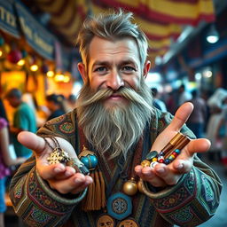 A dwarf trader with a very short beard proudly presenting his goods in both hands, looking directly into the camera with a friendly smile