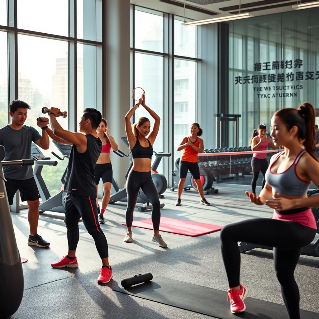 A luxurious gym scene featuring China's billionaires engaging in a diverse workout regimen