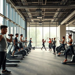 A luxurious gym scene featuring China's billionaires engaging in a diverse workout regimen