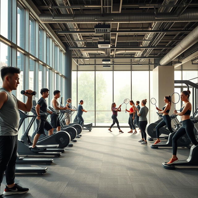 A luxurious gym scene featuring China's billionaires engaging in a diverse workout regimen