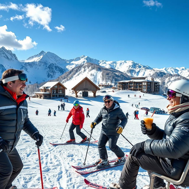 A captivating scene of wealthy Chinese billionaires skiing in a picturesque mountain landscape