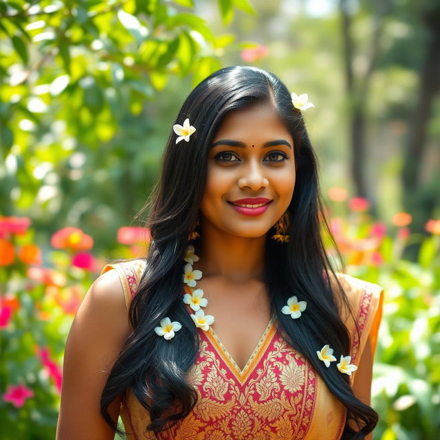 A beautiful Bengali woman dressed in a traditional sleeveless blouse, featuring intricate patterns