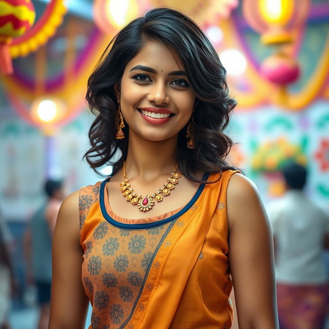 A confident Bengali woman wearing a stylish sleeveless blouse, showcasing her natural armpit hair, embracing body positivity and cultural expression