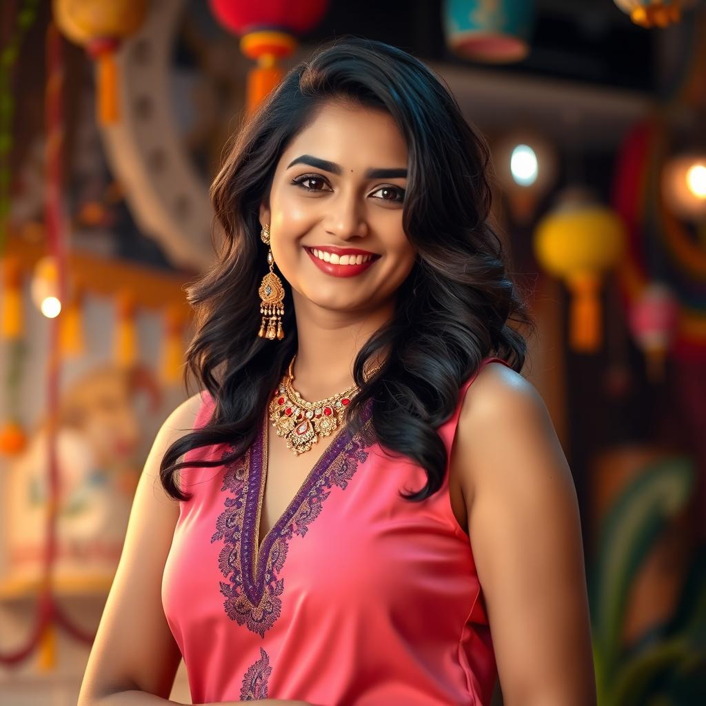 A confident Bengali woman wearing a stylish sleeveless blouse, showcasing her natural armpit hair, embracing body positivity and cultural expression