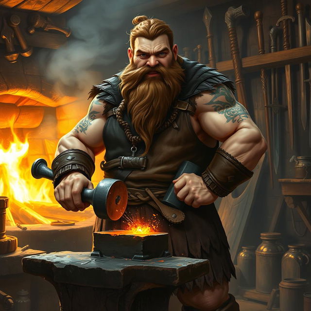 A strong and muscular dwarf smith standing proudly in a bustling forge