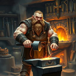 A strong and muscular dwarf smith standing proudly in a bustling forge