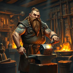 A strong and muscular dwarf smith standing proudly in a bustling forge