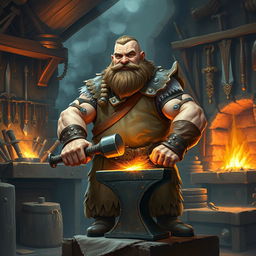 A strong and muscular dwarf smith standing proudly in a bustling forge