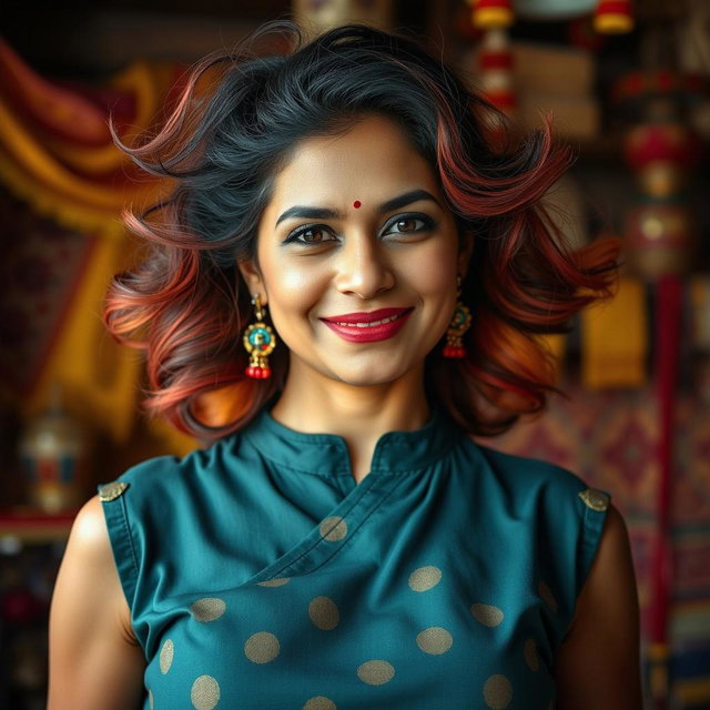 A beautiful Bengali woman in a stylish sleeveless blouse, confidently showcasing her big underarm hair