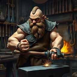 A strong and muscular dwarf smith intently looking down to the left at a finely crafted weapon he is currently smithing
