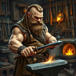 A strong and muscular dwarf smith intently looking down to the left at a finely crafted weapon he is currently smithing