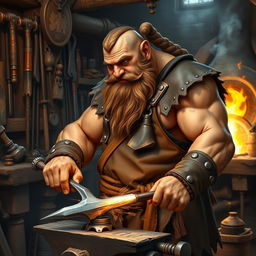 A strong and muscular dwarf smith intently looking down to the left at a finely crafted weapon he is currently smithing