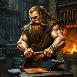 A strong and muscular dwarf smith intently looking down to the left at a finely crafted weapon he is currently smithing