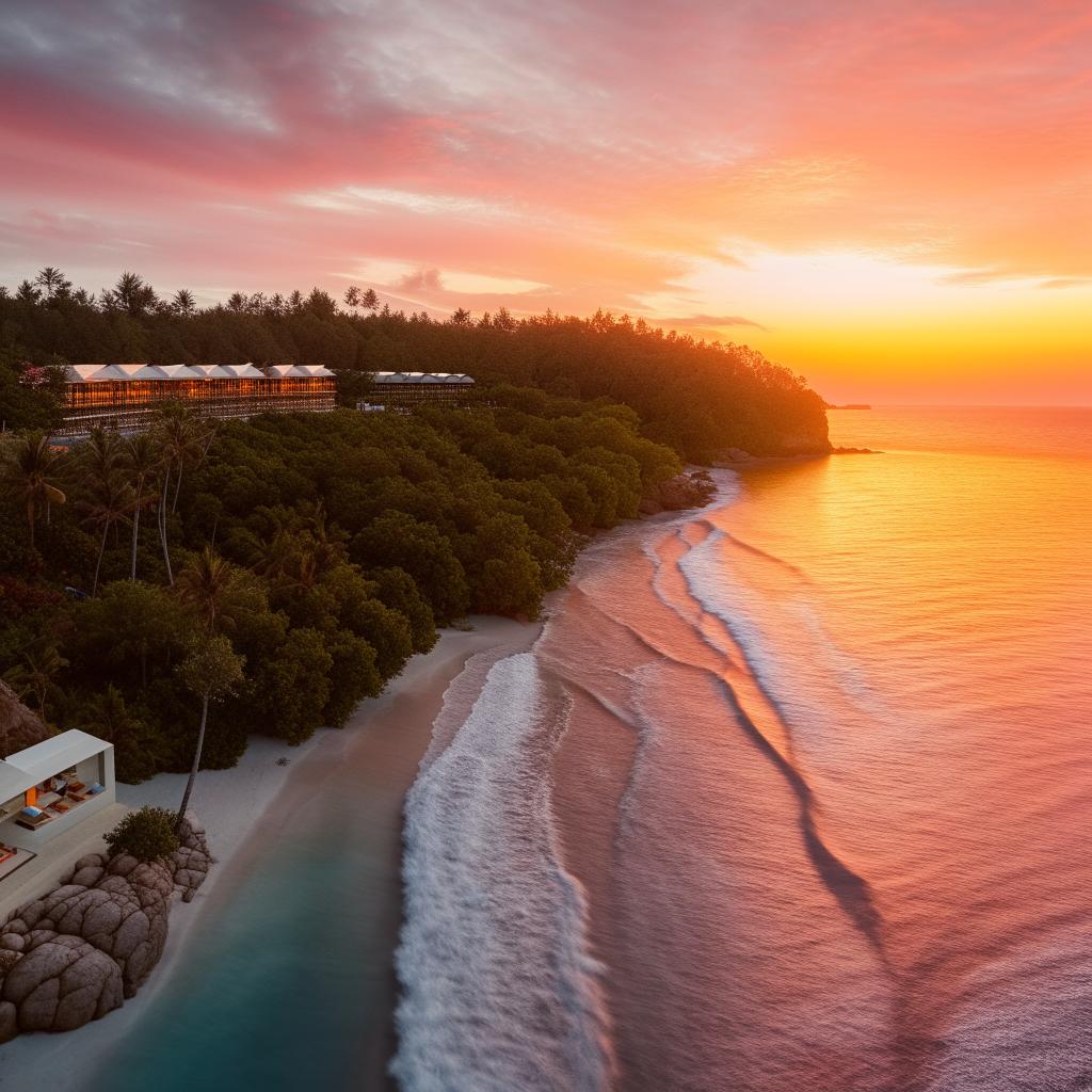 A luxurious beach resort comprised of tranquil villas nestled amongst natural beauty. The ocean's waves gently lap at the sandy shores, perfectly complimented by a setting sun painting the sky with hues of orange and pink.