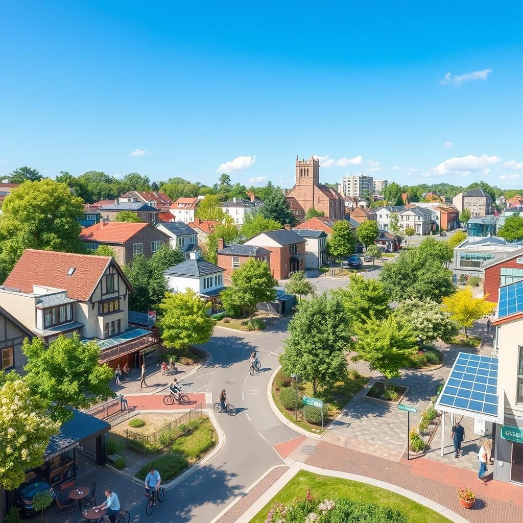 A visually engaging representation of a 15-minute city concept, showcasing a vibrant urban environment where all essential services and amenities are within a 15-minute walking or biking distance