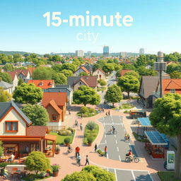 A visually engaging representation of a 15-minute city concept, showcasing a vibrant urban environment where all essential services and amenities are within a 15-minute walking or biking distance