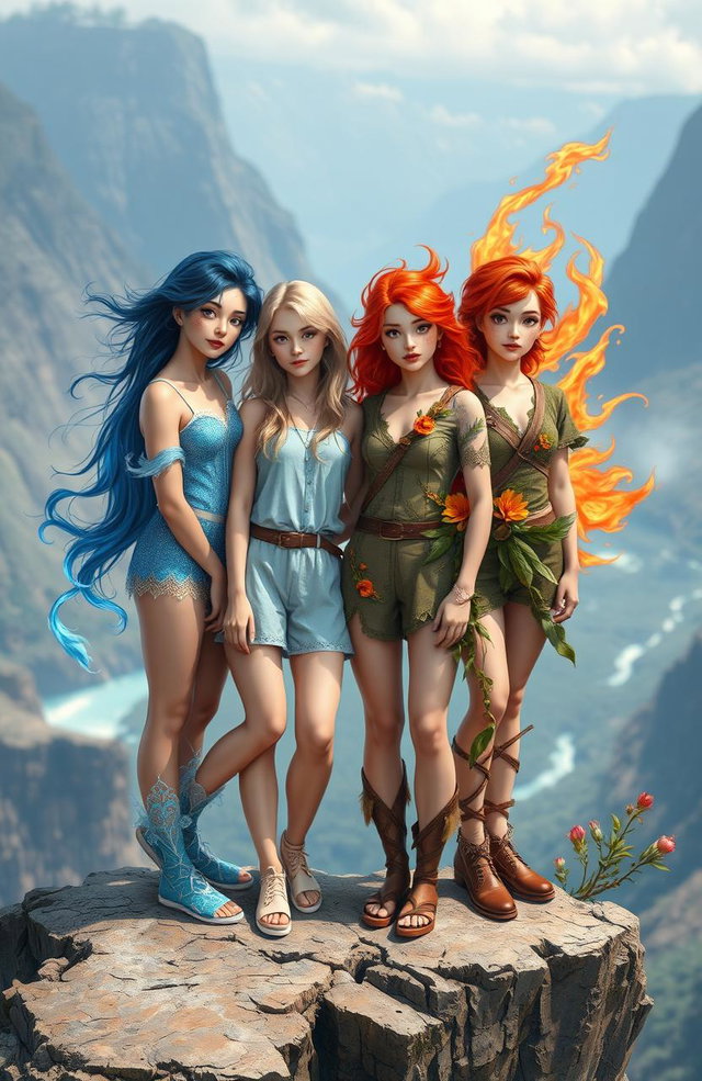 A group of four teenagers, each representing a different element: one teenager embodies water with flowing blue hair and a shimmering outfit reminiscent of waves; another represents air, adorned with light, airy clothing and a wispy, ethereal appearance; the third embodies fire, with vivid red and orange hair, a fierce expression, and vibrant flame-themed attire; the last represents earth, wearing earthy tones with botanical embellishments and a grounded stance