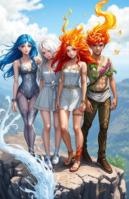 A group of four teenagers, each representing a different element: one teenager embodies water with flowing blue hair and a shimmering outfit reminiscent of waves; another represents air, adorned with light, airy clothing and a wispy, ethereal appearance; the third embodies fire, with vivid red and orange hair, a fierce expression, and vibrant flame-themed attire; the last represents earth, wearing earthy tones with botanical embellishments and a grounded stance